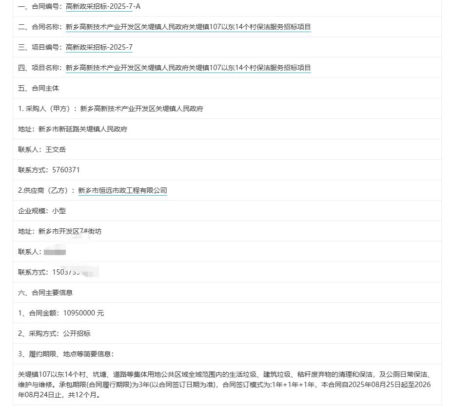 城市观察员新乡高新技术产业开发区关堤镇人民政府关堤镇107以东14个村保洁服务招