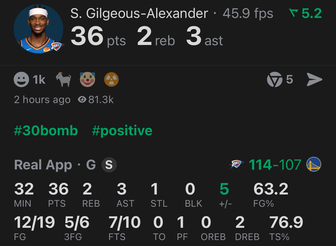 SGA：好了，热闹也热闹过了，咱们收个尾。上一场赛季第一次没进三分，今天5记三分