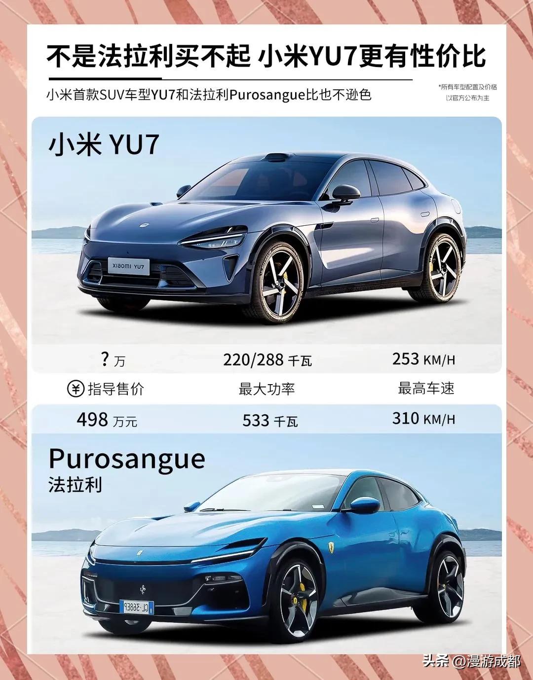 小米YU7抄袭法拉利吗？整体造型确实很像，但侧面、正面和背面细节差别均挺大的，也