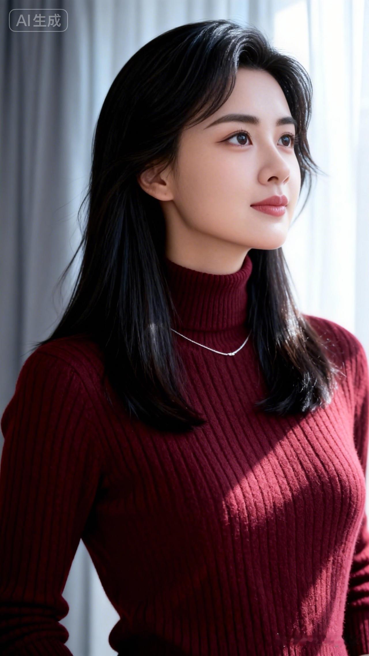 温柔甜美的冬日穿搭，酒红色毛衣搭配简约项链，尽显优雅气质。