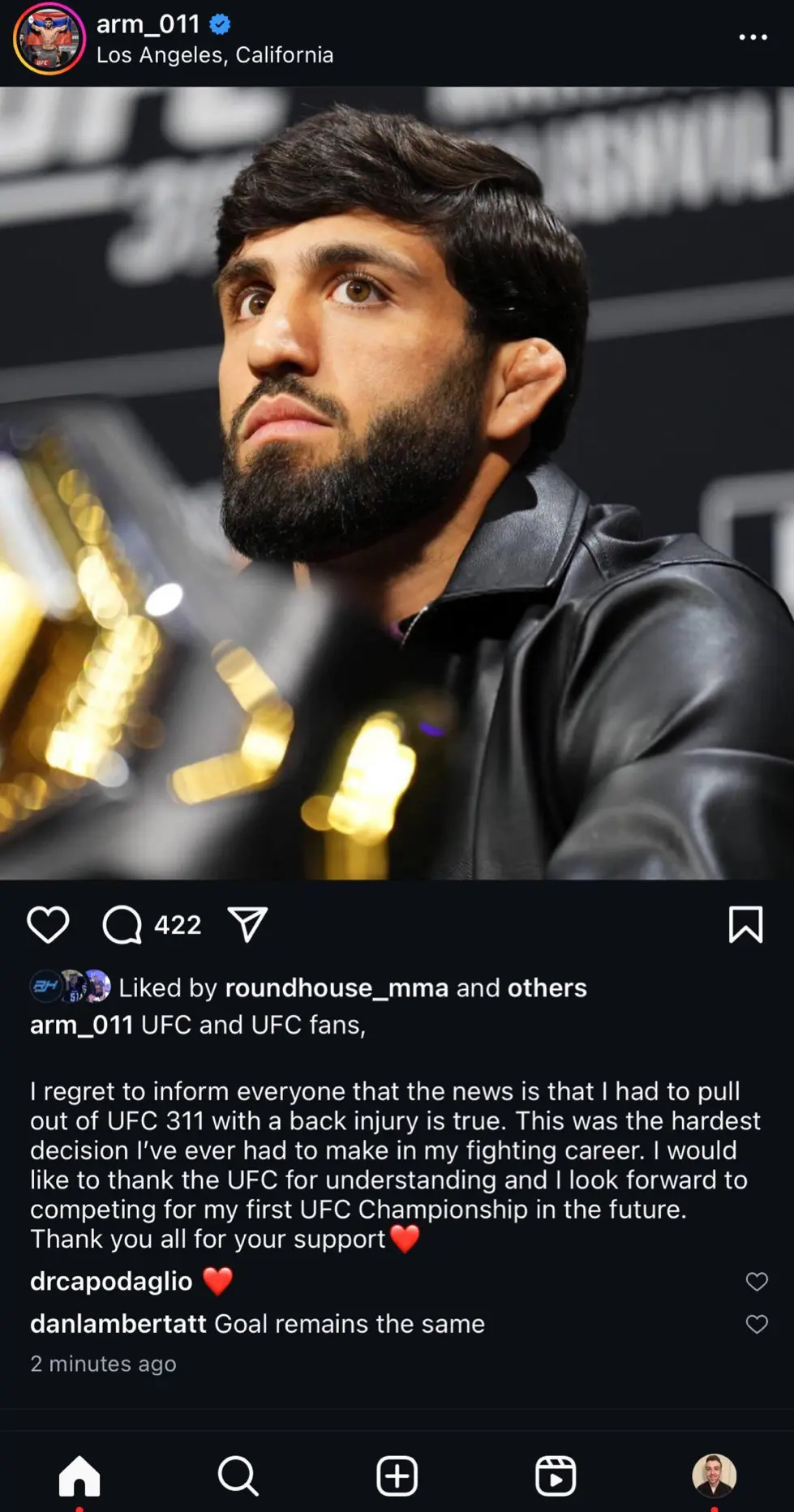萨鲁基安发文称：谈到退出 UFC 311 与马哈切夫的比赛：  “我很...