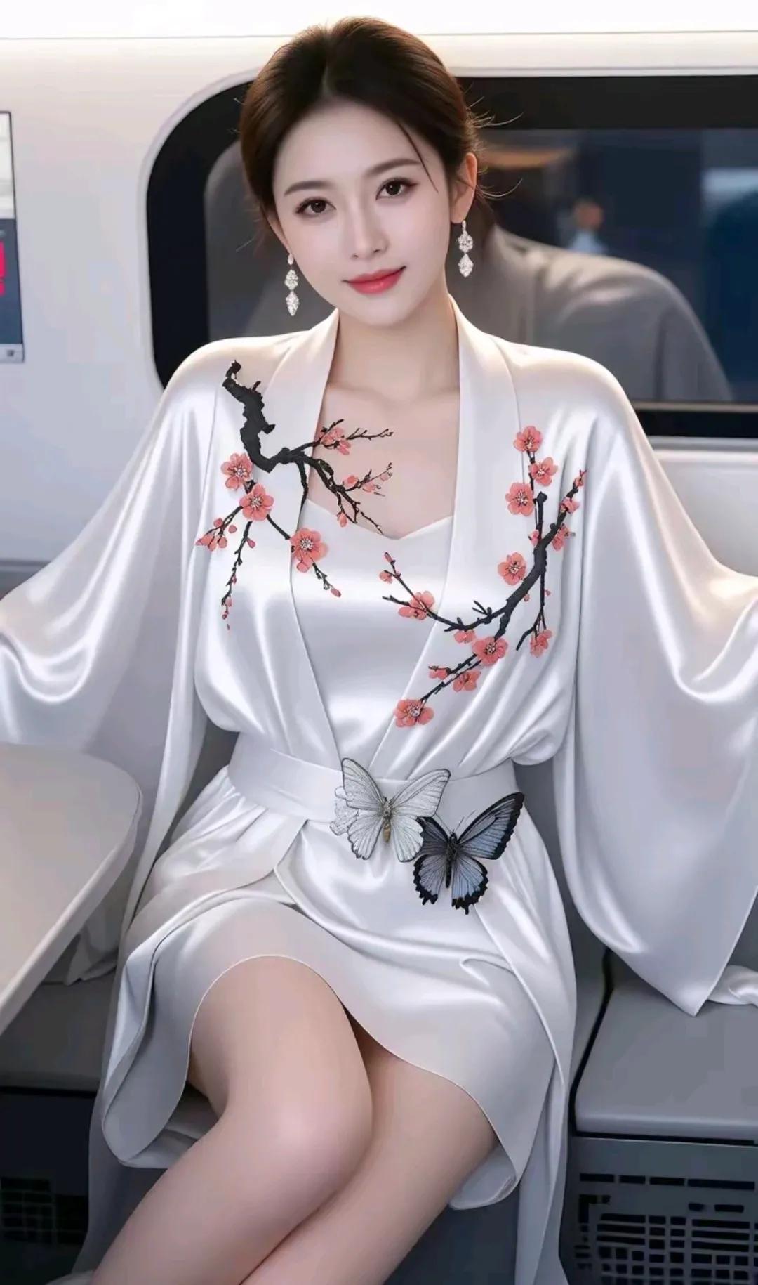 优雅东方美，白衣飘飘，樱花与蝴蝶相映成趣。