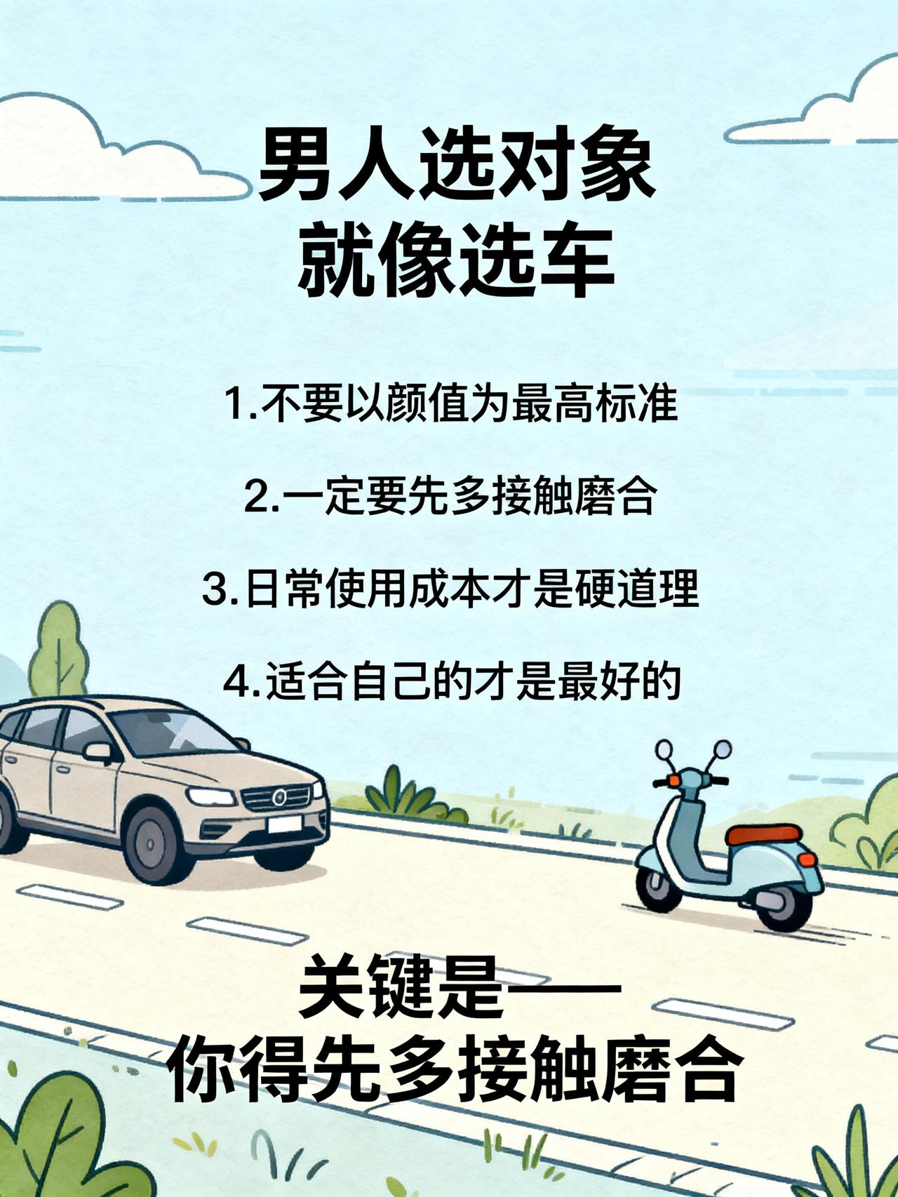 朋友说：“男人选对象就像选车。第一，不要以颜值为最高标准。你开的是车，不是车的外