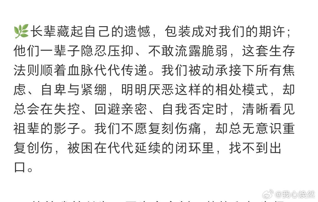 所谓“家族业力”就是，如果上一代习惯于甩锅自己的人生课题，如果下一代不去觉察和划