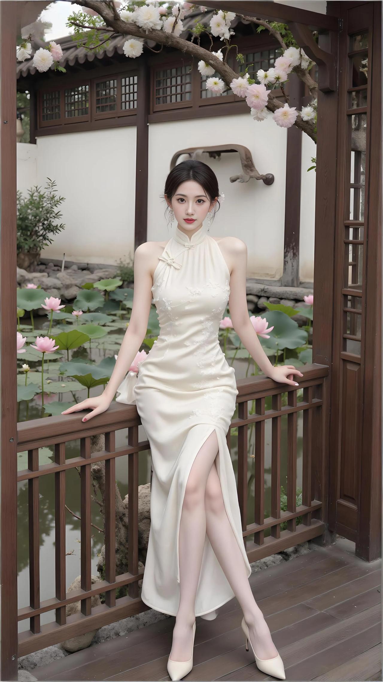 樱花落处罗裙展，莲步轻移过木桥。
旗袍一袭裹春色，不负东风万点娇。

粉荷照影小