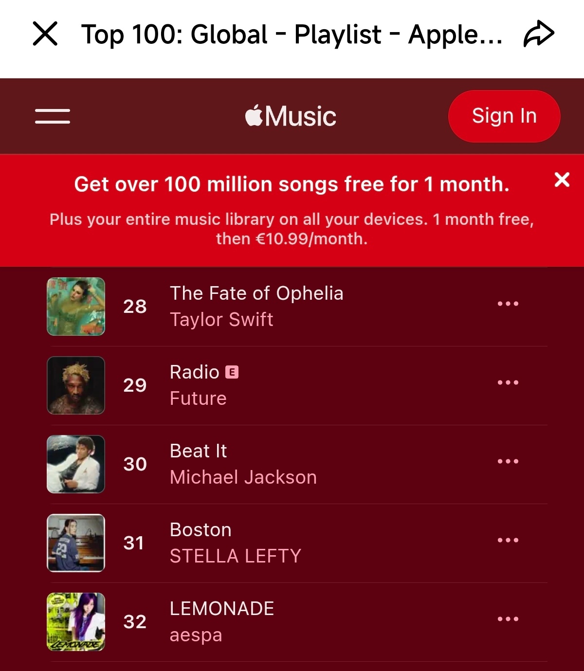 aespa的《Lemonade》全球am日榜32，刷新日榜最高峰值，且超越了iv
