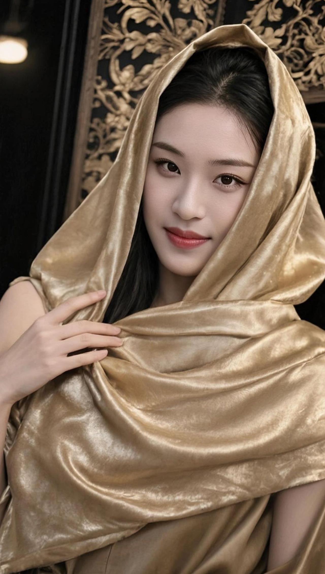 金色的披肩如流动的沙丘，勾勒出一种神秘而复古的氛围。光影交错间，仿佛穿越时空，回