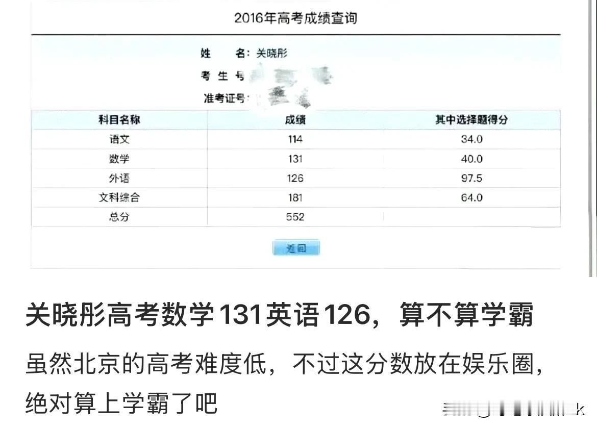 才知道原来关晓彤高考复习三个月就考了552分，这算学霸了吧！[赞]

又是一年一