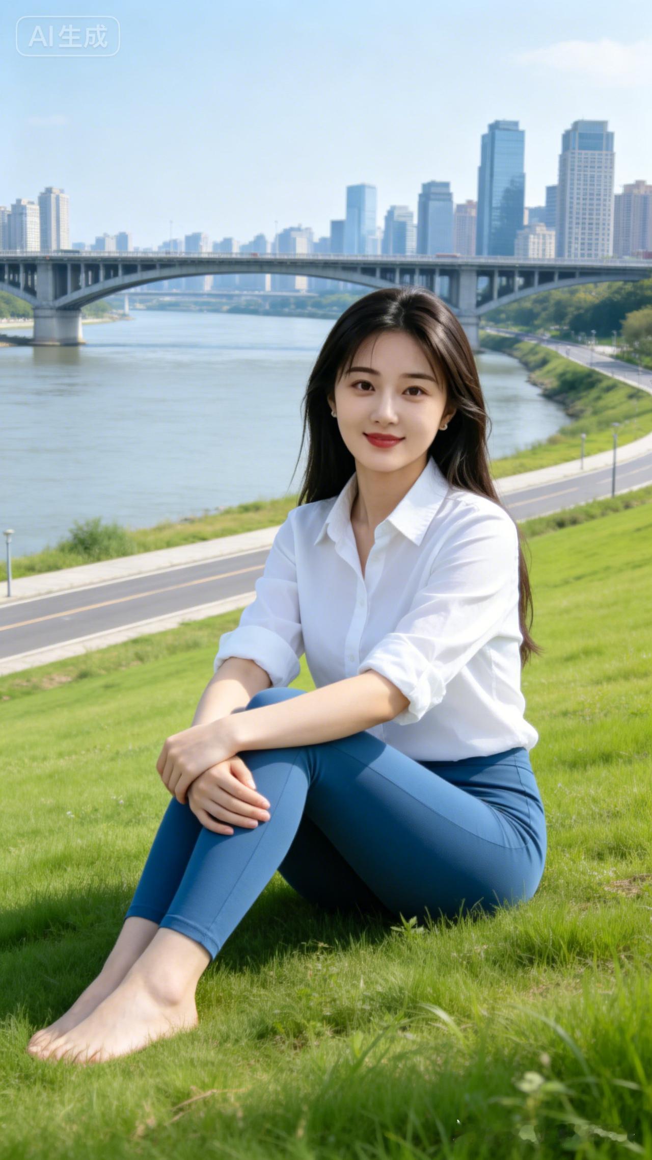 年轻女子乌黑长发轻柔垂落，肌肤白皙透亮，红唇明艳动人。身着卷袖白翻领衬衫与蓝色紧