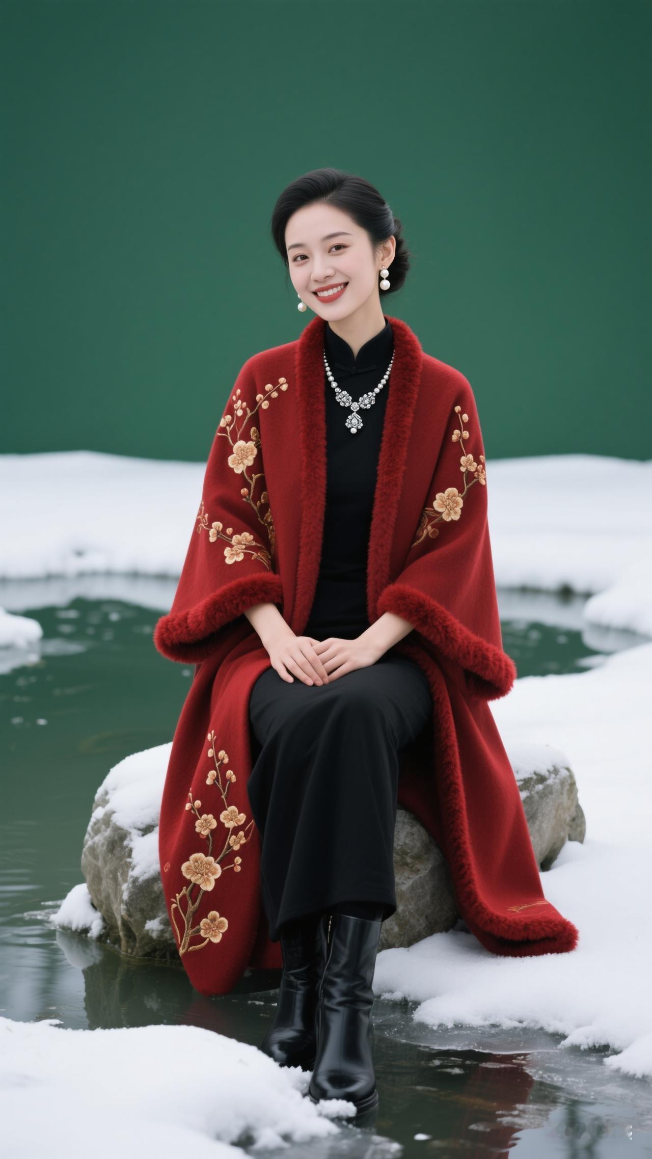 纯绿背景衬白雪覆冰塘，女子坐石上，酒红毛呢斗篷镶红绒边绣金梅，内搭黑装黑靴，银钻