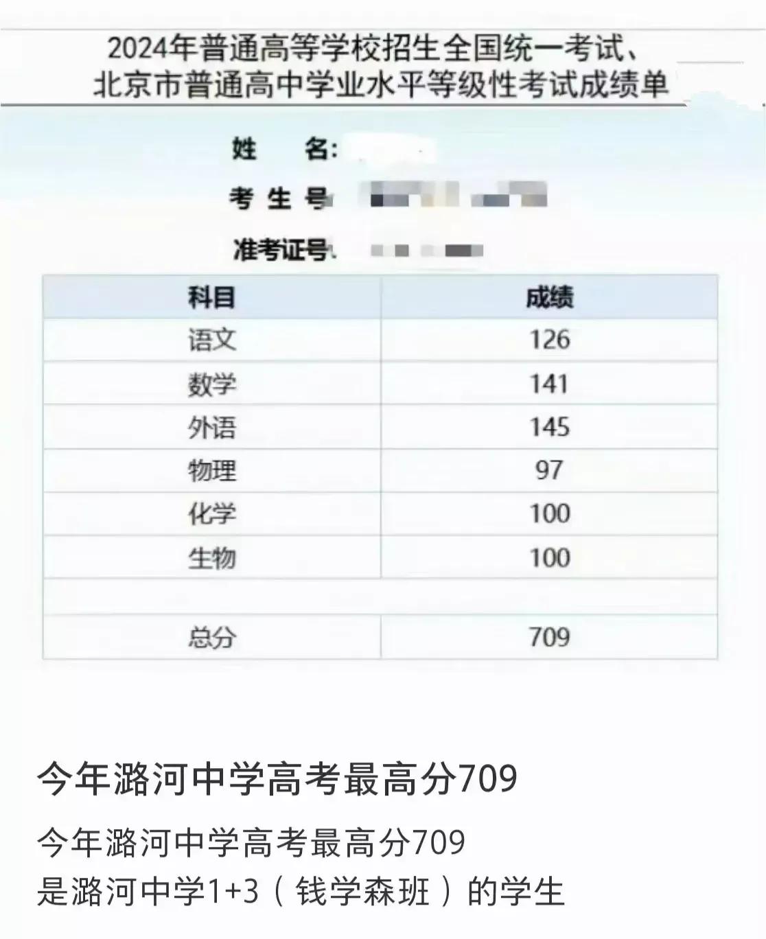 首都副中心通州今年的高考头名考了709分，来自潞河中学1+3项目钱学森班一个姓耿