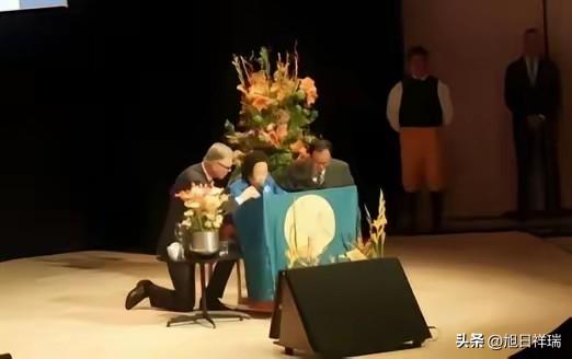 一个1.9米的瑞典大汉，单膝跪在一个85岁的中国老太太身旁，一手举话筒，一手扶着