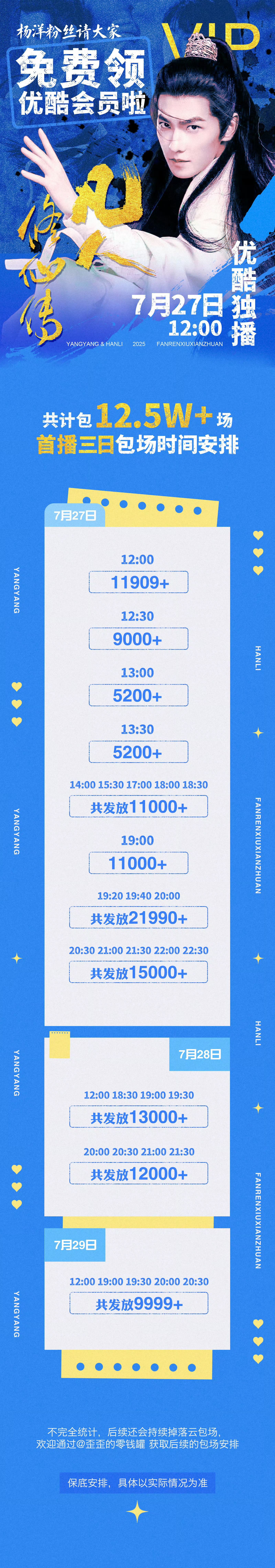 有幸参与12.5w场的云包场大项目，领取页面在优酷视频，领取时间是7月27日、7