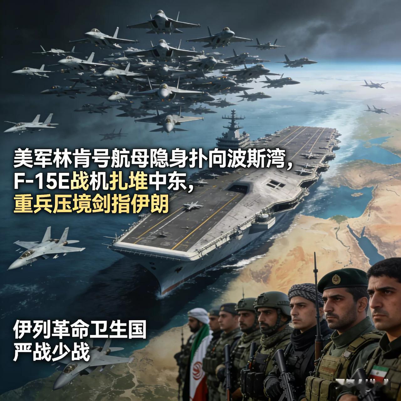 美军林肯号航母隐身扑向波斯湾，F-15E战机扎堆中东，重兵压境剑指伊朗！伊朗革命