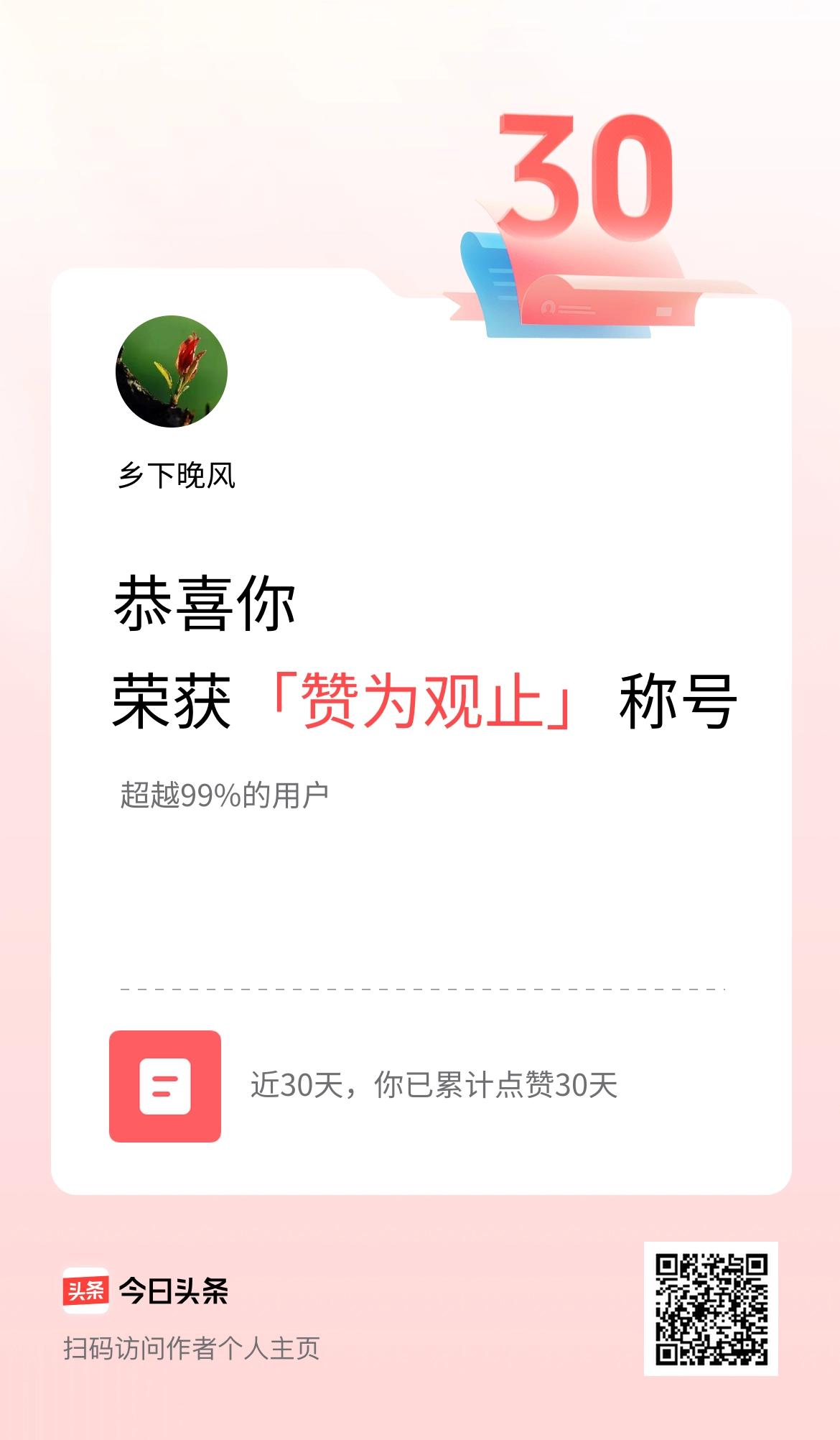 我在头条30天内点赞打卡30天，获得“赞为观止”称号