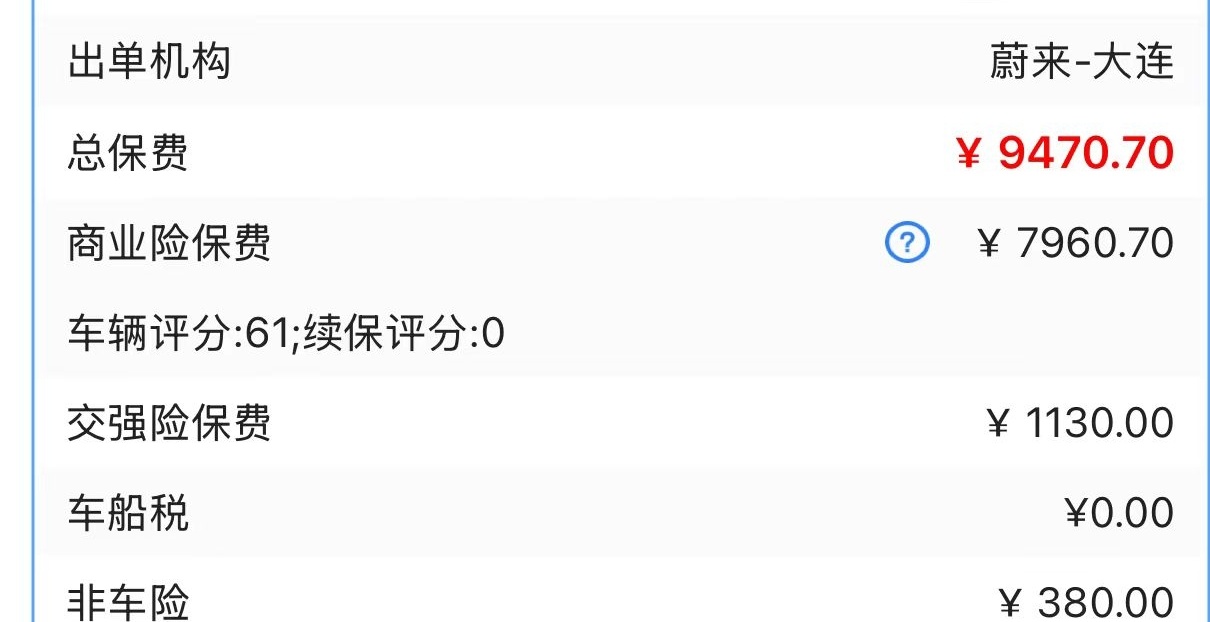 ES8 明天提车提前把保险买上， 9470.7大连公户这个价格怎么样？ 