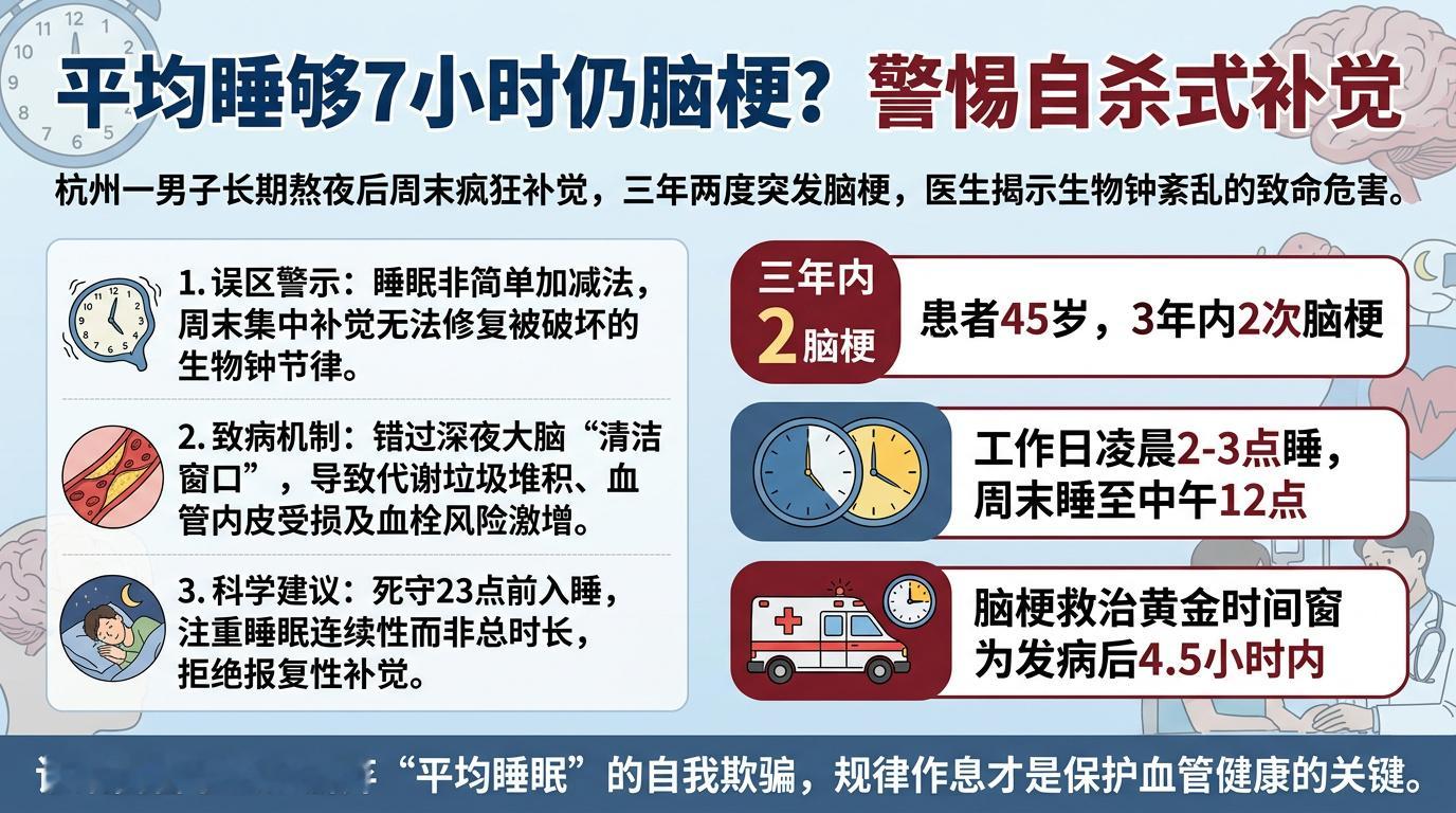 平均睡眠7小时却3年出现2次脑梗左边这个话题下的新闻，简而言之就是当事人平时加班