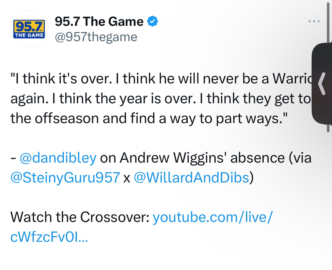 湾区电台记者Dan Dibley主观地认为维金斯的勇士生涯已经结束了：“我认为一