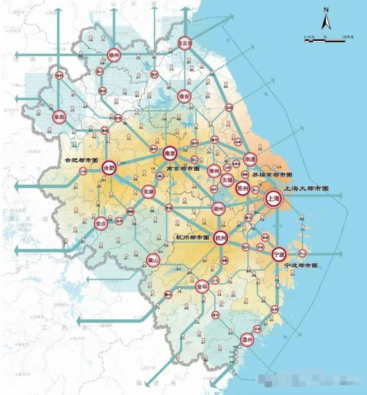 长三角都市圈分布图:上海大都市圈，南京都市圈，合肥都市圈，杭州都市圈，苏锡常都市