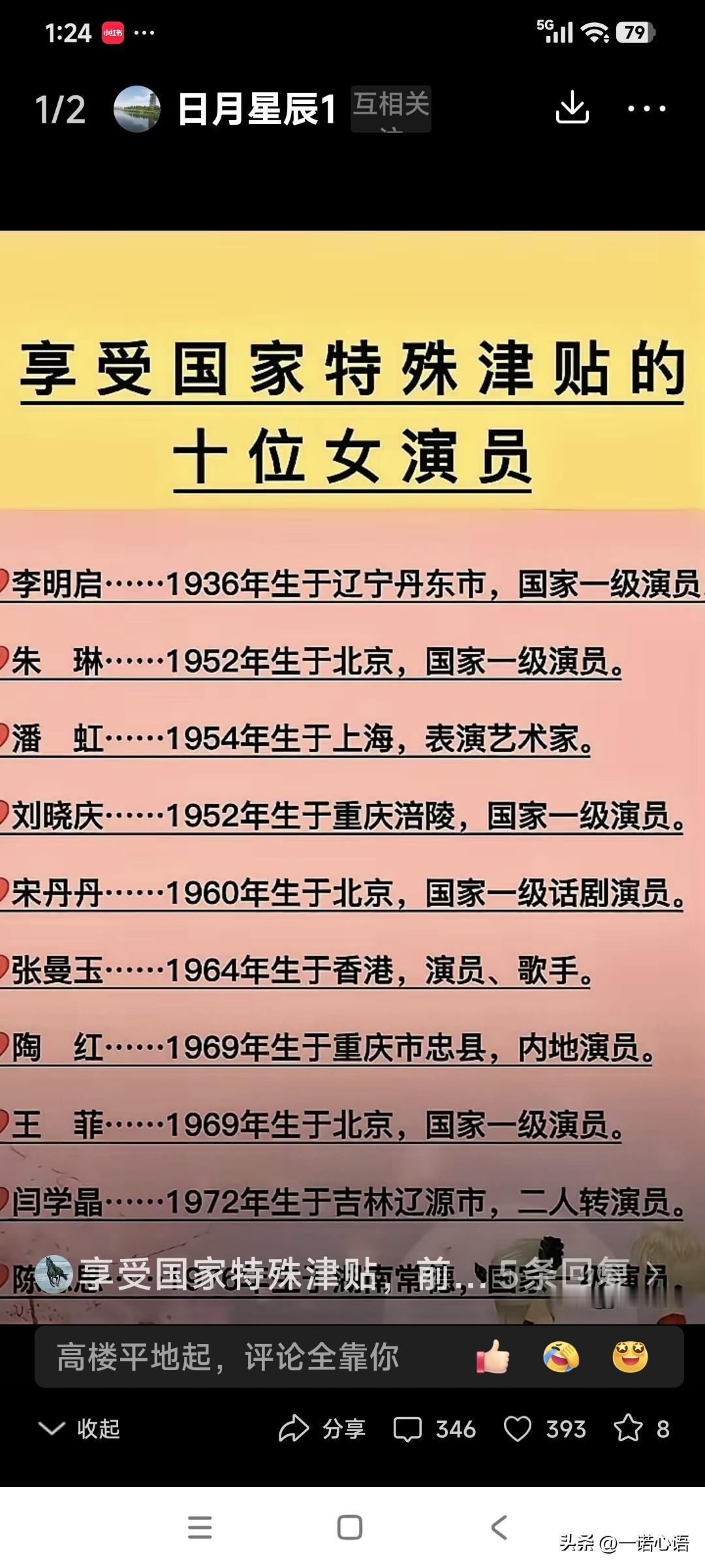 网上有人传，以下十位是享受国家津贴的女演员，她们分别是：李明启、朱琳、刘晓庆、潘