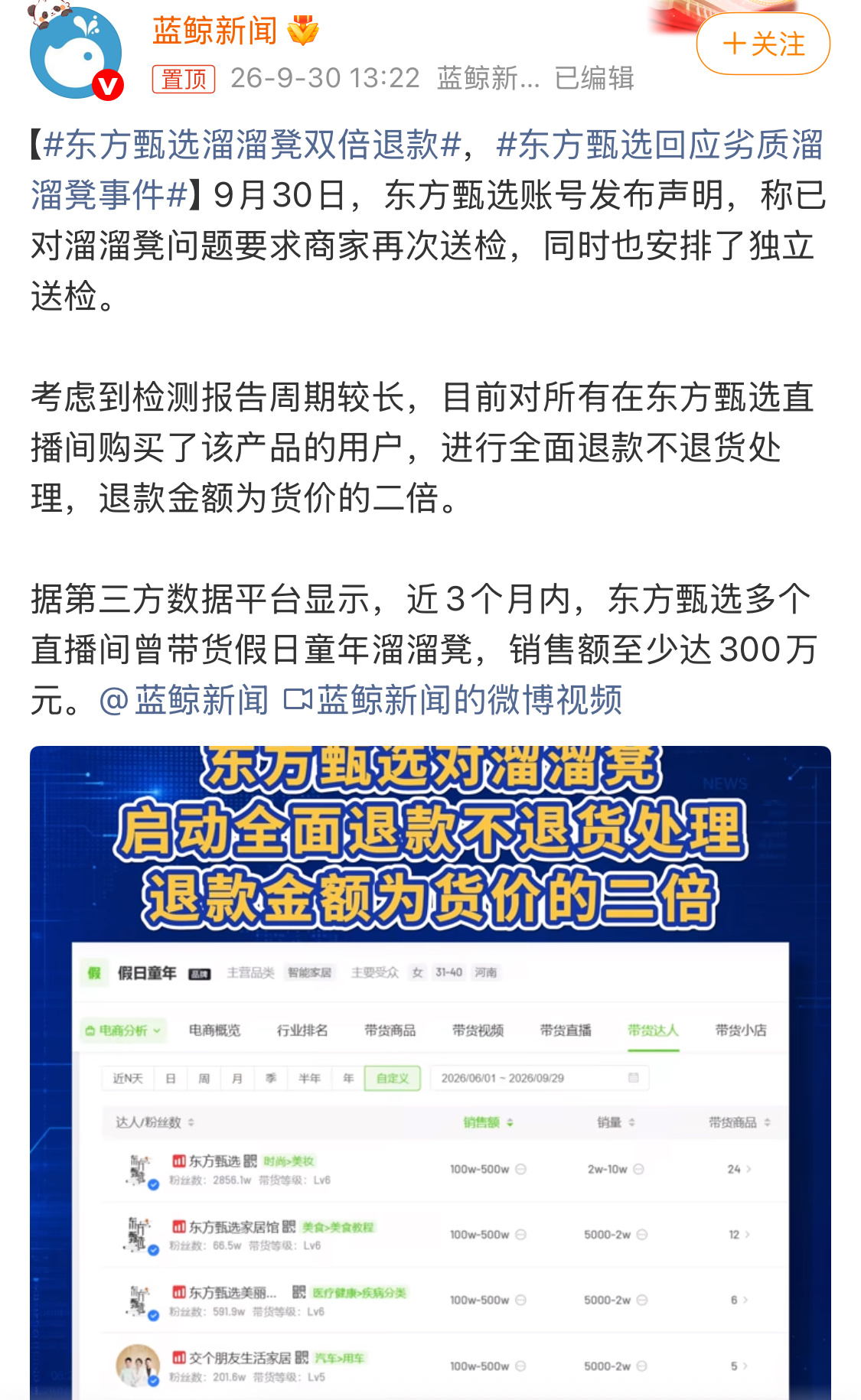 东方甄选回应劣质溜溜凳事件东方甄选格局打开，对所有在东方甄选直播间购买了溜溜凳的