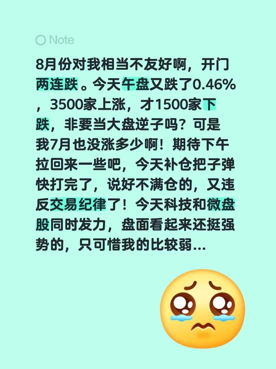 8月份对我相当不友好啊，开门两连跌。今天午盘又跌了0.46%，3500家上涨，才