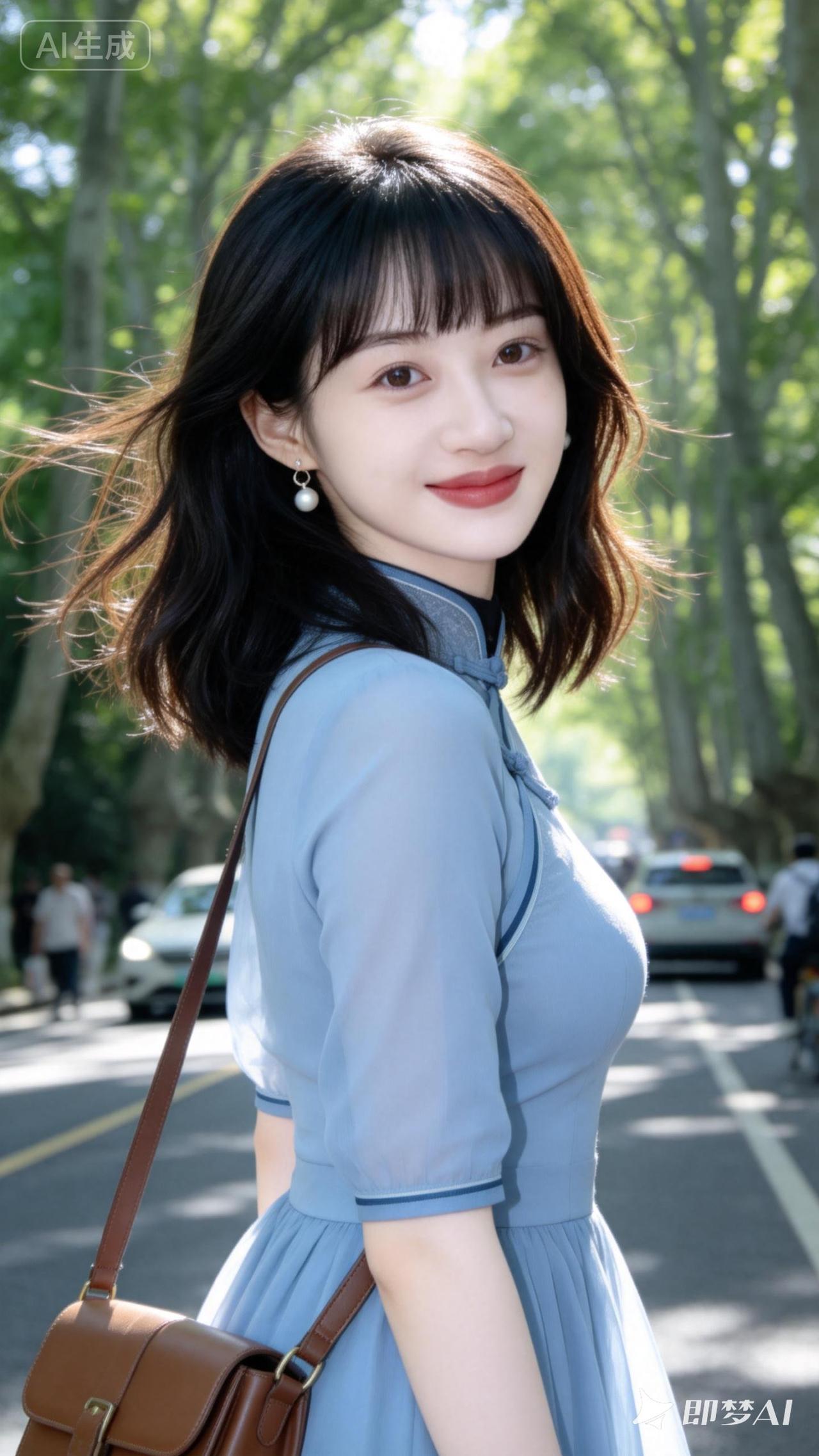 阳光下的甜美少女，轻盈的蓝裙与自然背景相映成趣。