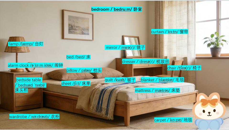 36岁 自学英语第2天。今天把卧室主题的英语都学完了，也帮大家整理出来了，希望对