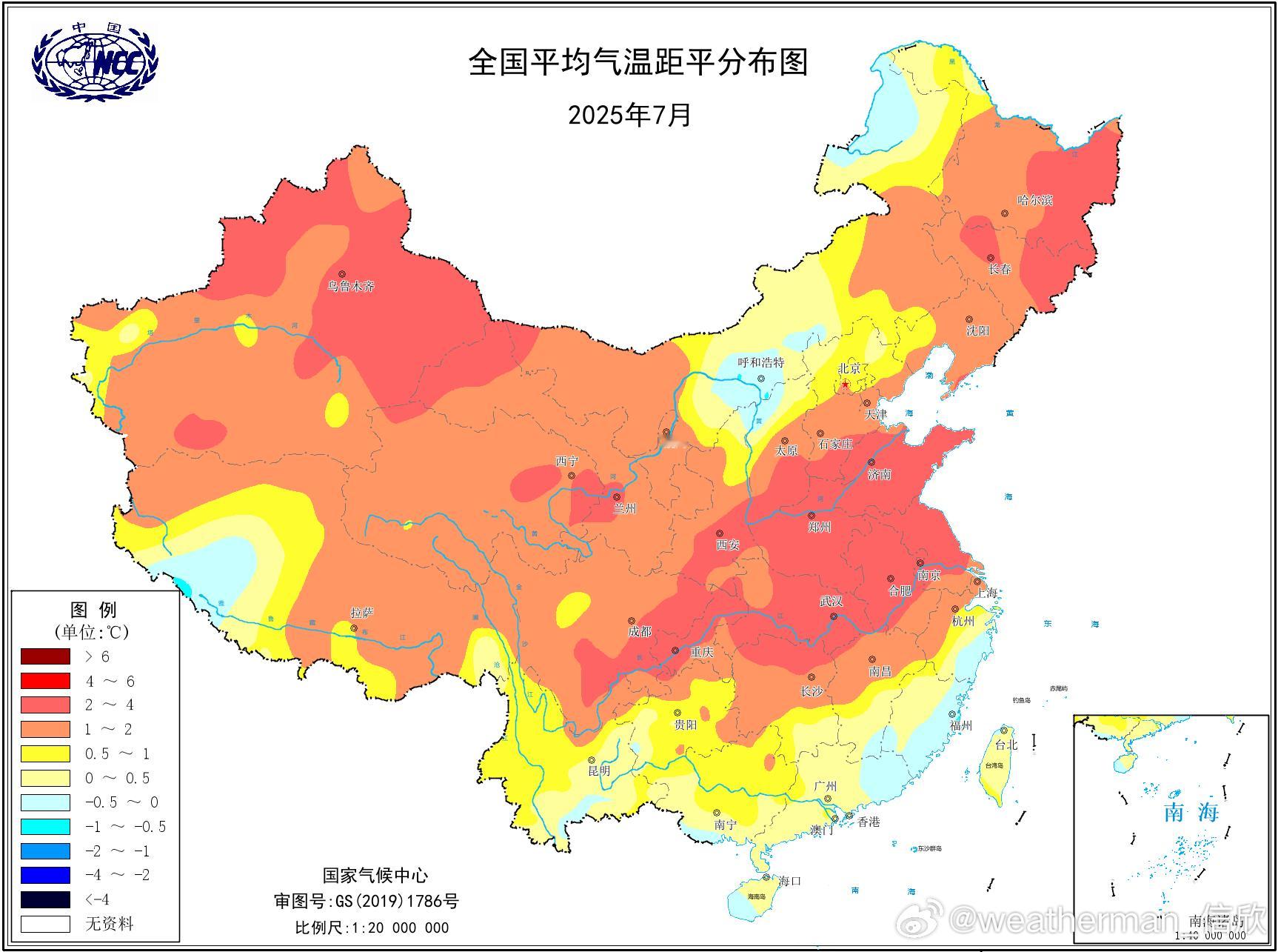 观测史最热的一个月 今年7月，我国大部地区气温偏高，全国平均气温（面积加权）为2