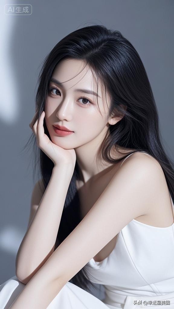 温柔黑发，甜美笑容，优雅白裙，气质动人