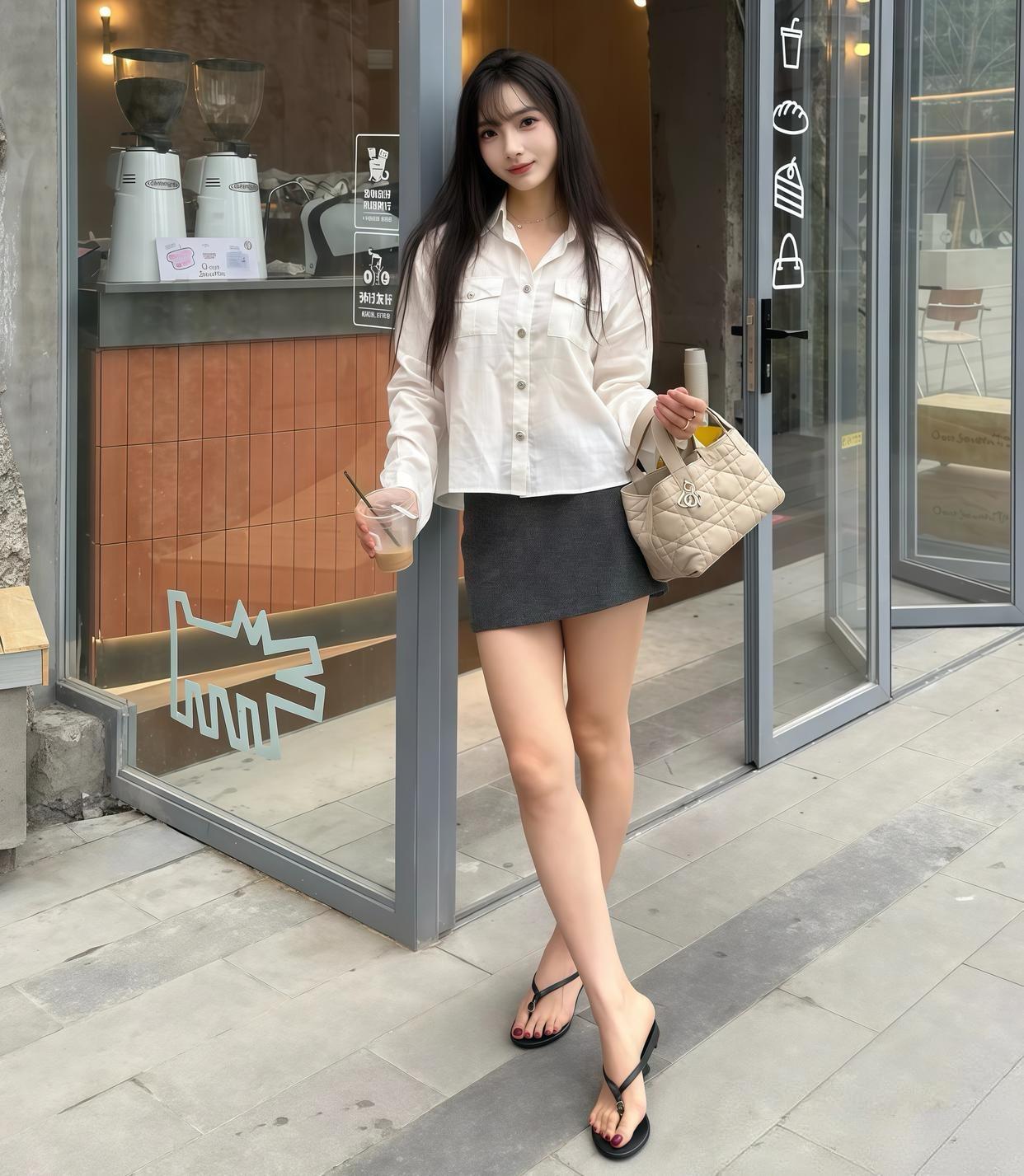一件质感满满的白色工装风衬衫，搭配深灰色A字短裙，经典的黑白灰配色永远不会出错。