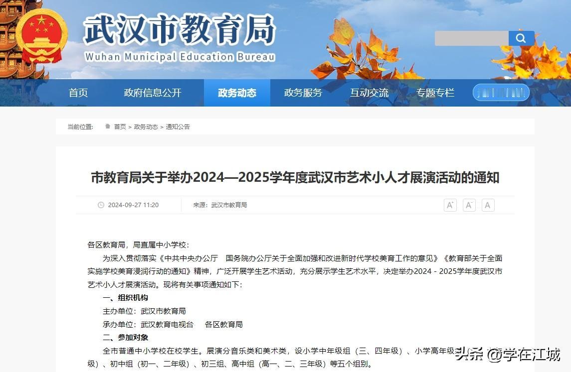 时间公布！武汉市教育局发布2024艺术小人才最新通知！

2024-2025学年