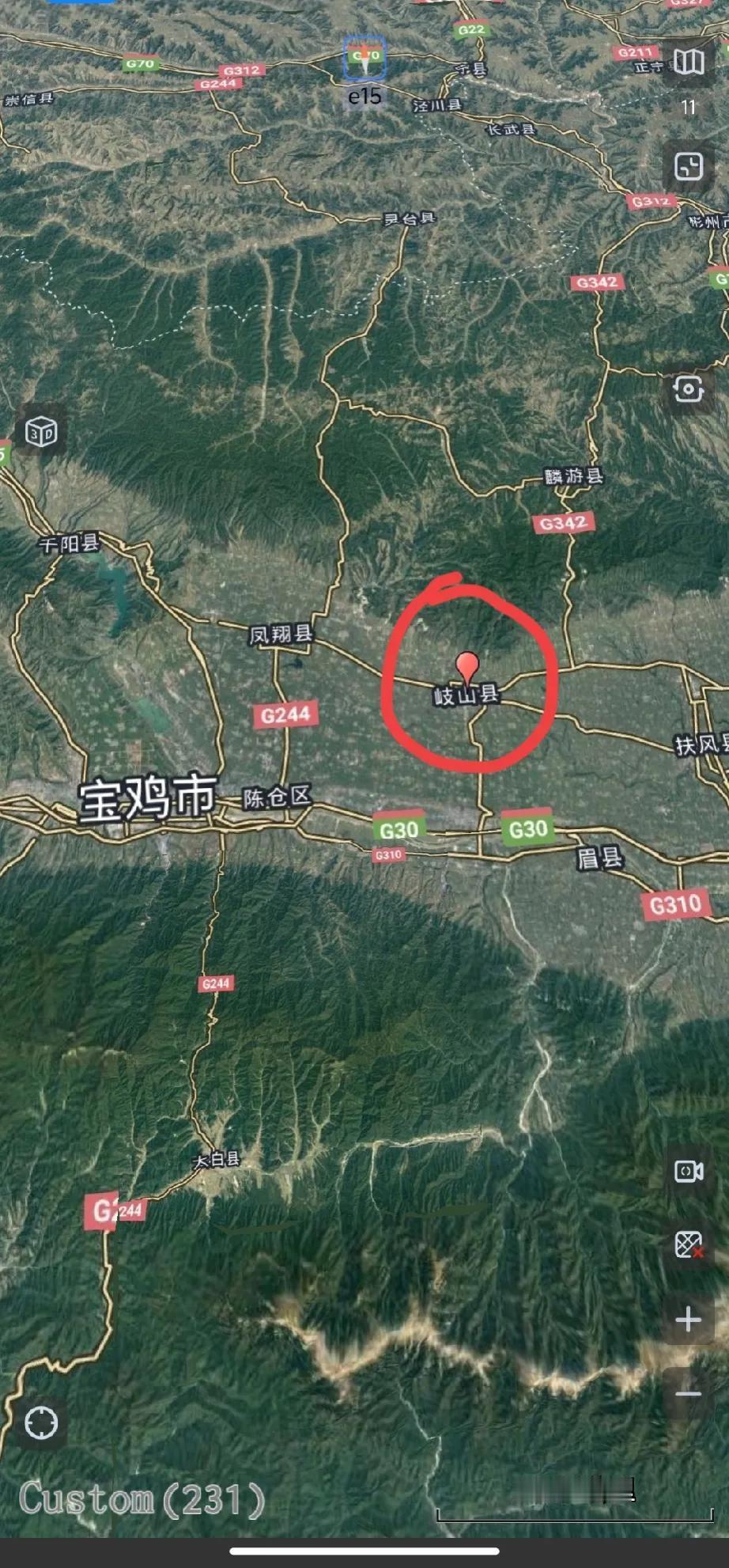 地图中画红圈的地方，就是周室肇基之地岐山，也就是今天的宝鸡市岐山县，历史上归扶风