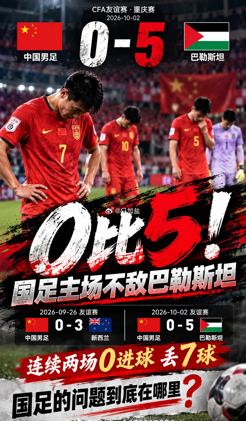 国足主场 0-5不敌巴勒斯坦！ 真是服了！！一个饱受战乱的国家，一个战火纷飞的国