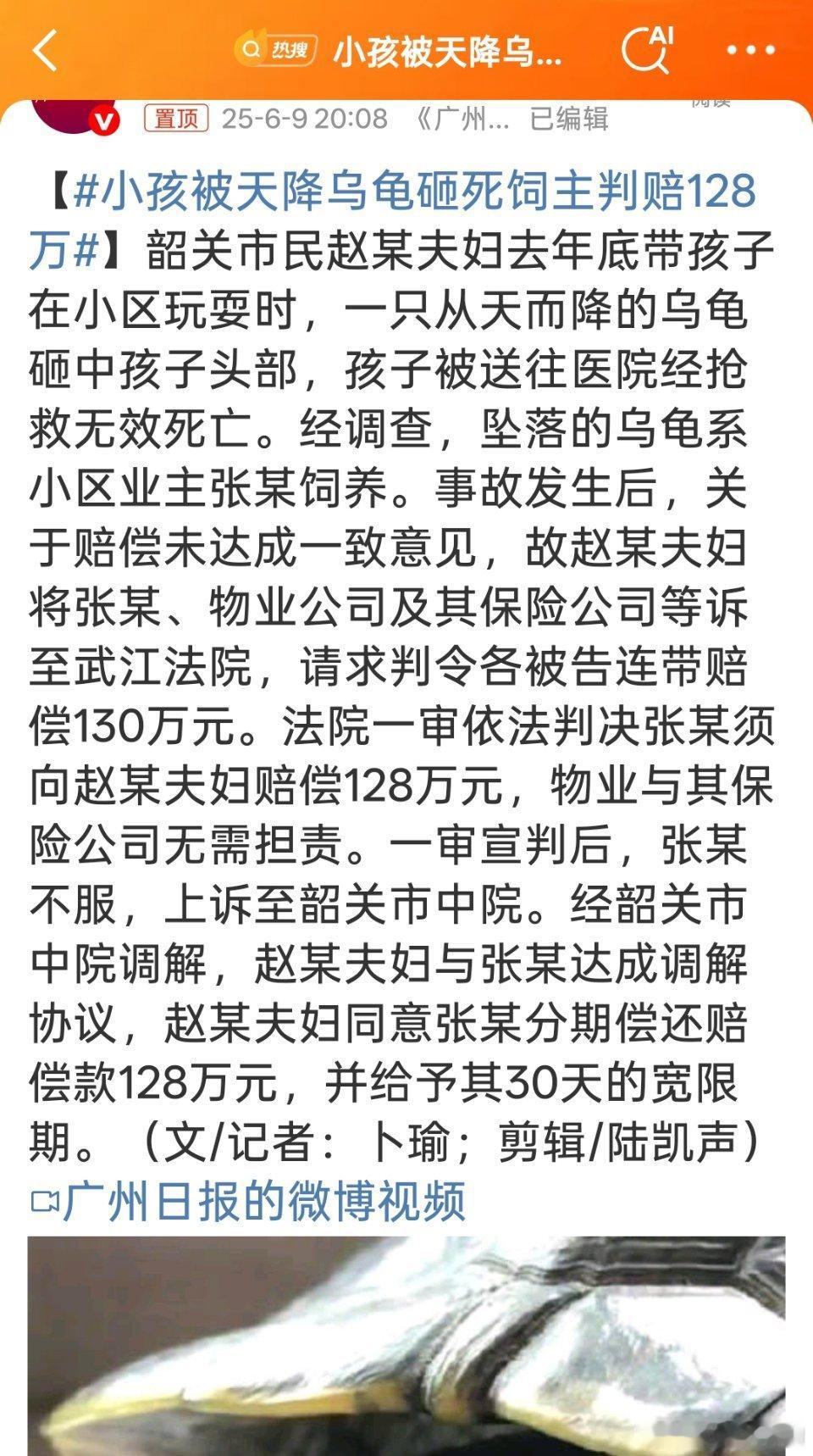 小孩被天降乌龟砸死饲主判赔128万乌龟不会自己飞出窗外，那就是被人扔出去的，属于