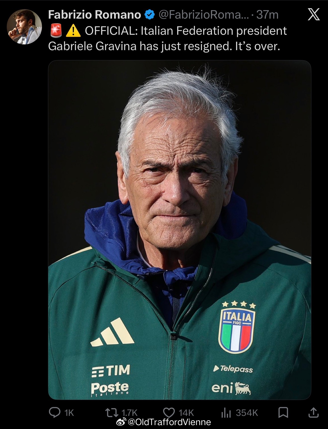 意大利连续第三届没进世界杯，联合主席引咎辞职。 