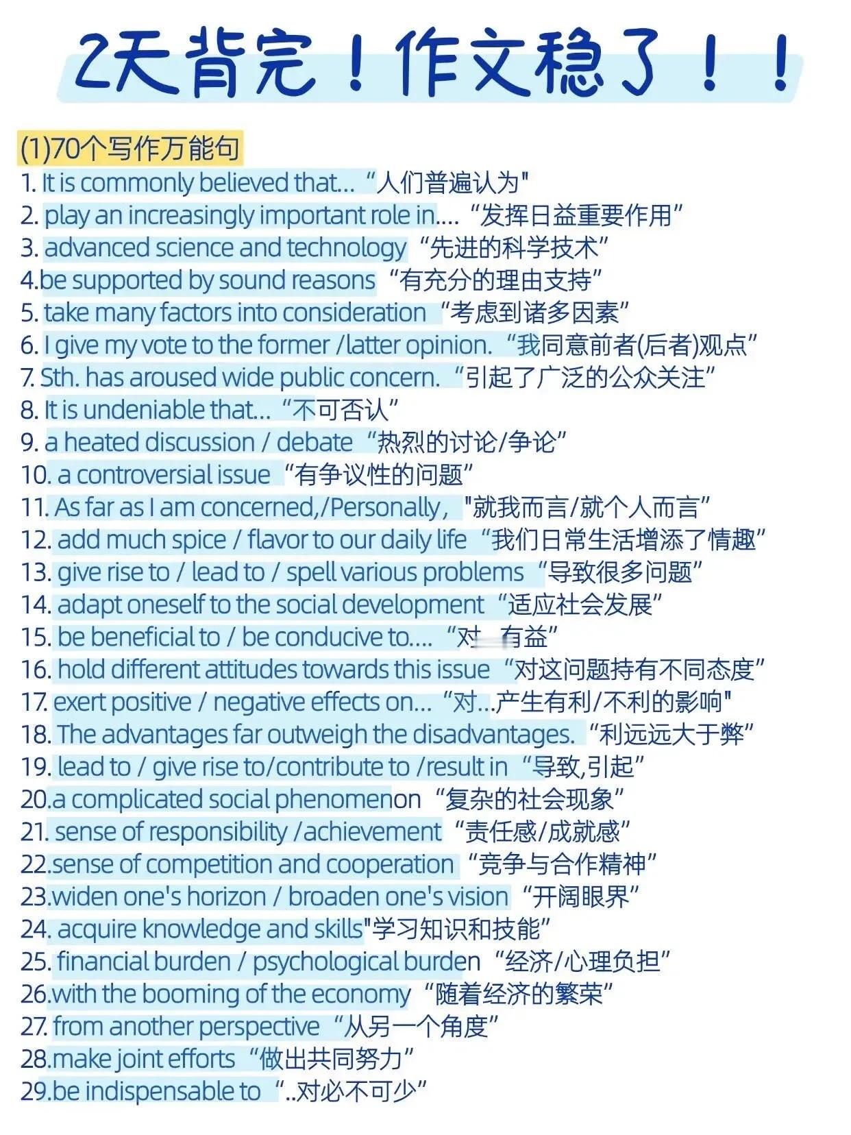 70个英语写作万能句 