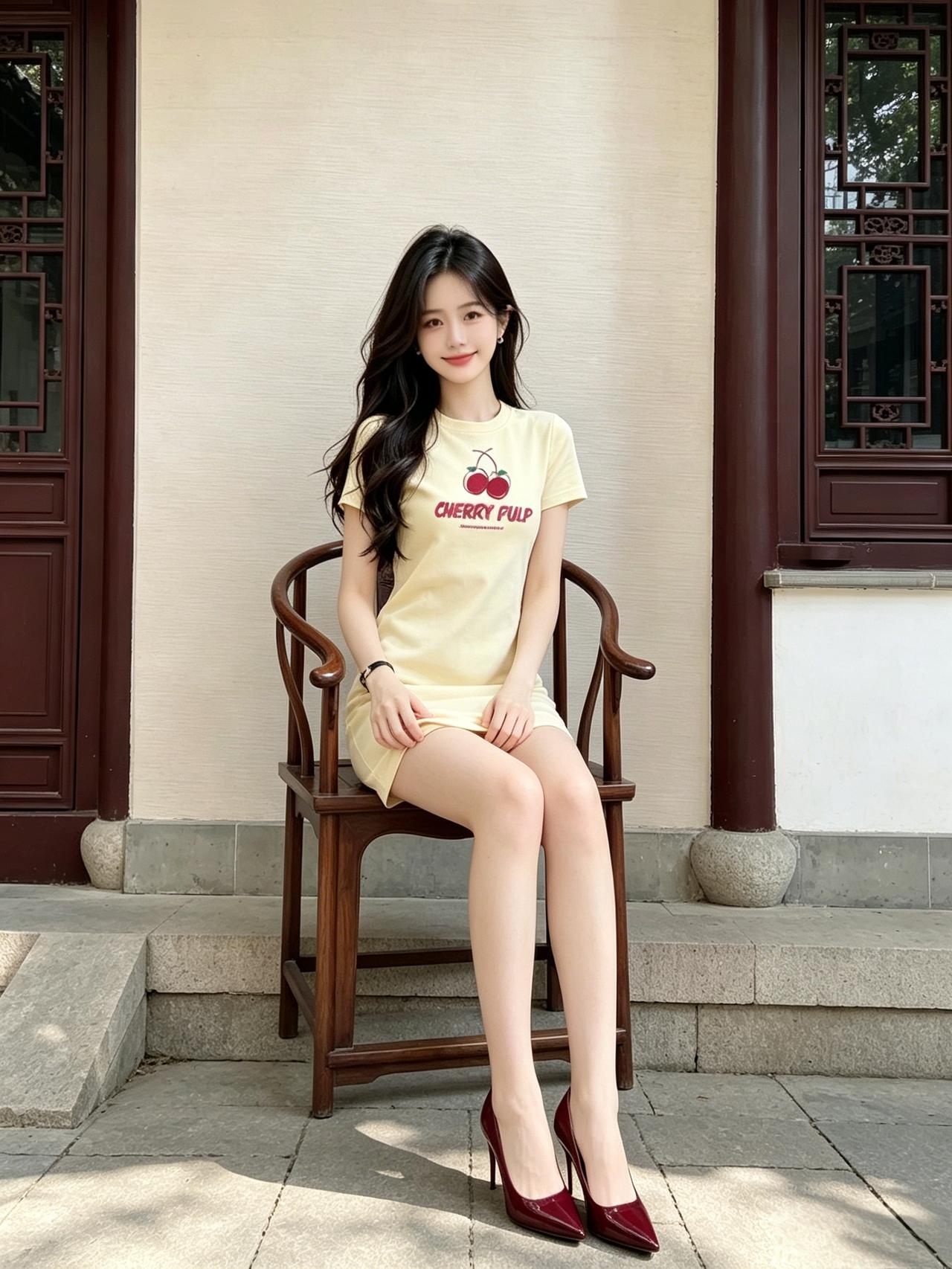 女孩子怎么穿搭既时尚又好看?樱桃味少女，黄裙配红鞋，古风庭院里，甜酷感拉满，美到