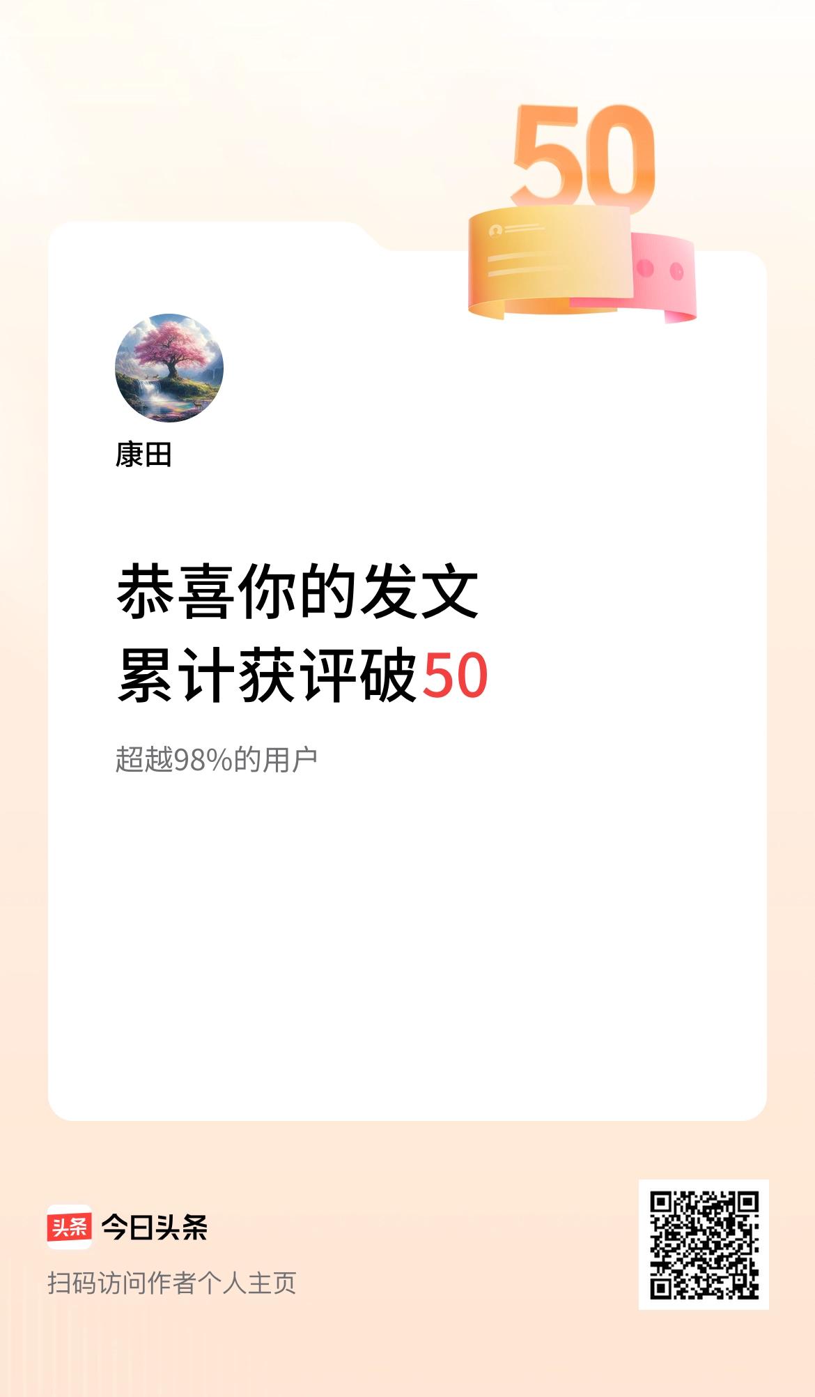 我在头条累计获评论量破50啦！