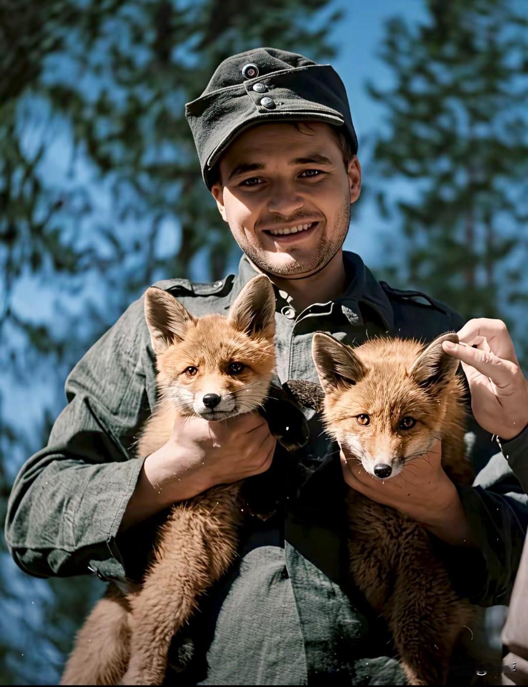 这张1942年的老照片里，一名芬兰士兵抱着两只毛茸茸的小狐狸，笑得眉眼弯弯。他穿
