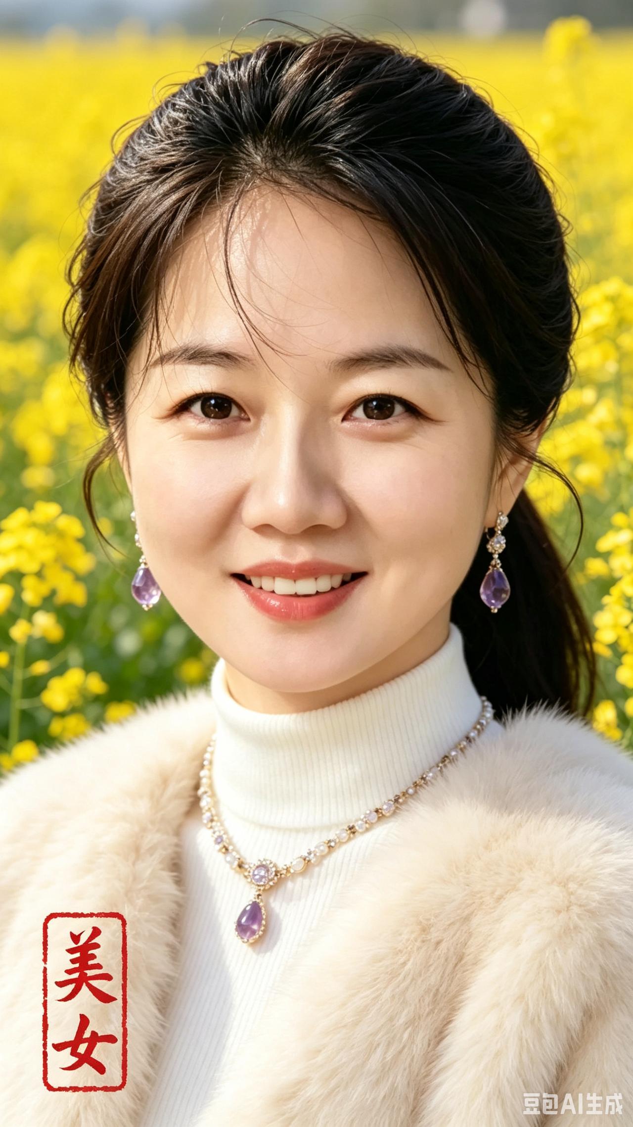 花田美人
马尾轻飘映日华，
花田含笑绽春霞。
粉腮玉面柔波荡，
秀目清辉映物佳。
