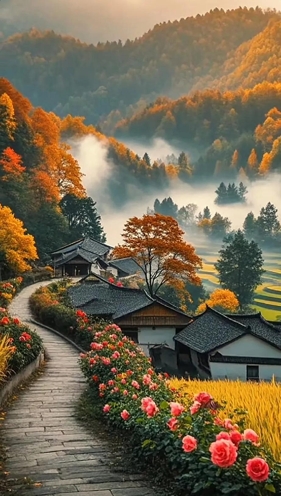《行香子·山乡秋色》
 稻谷金黄，枫叶红妆。望山乡、处处秋光。柿悬似火，菊绽如霜