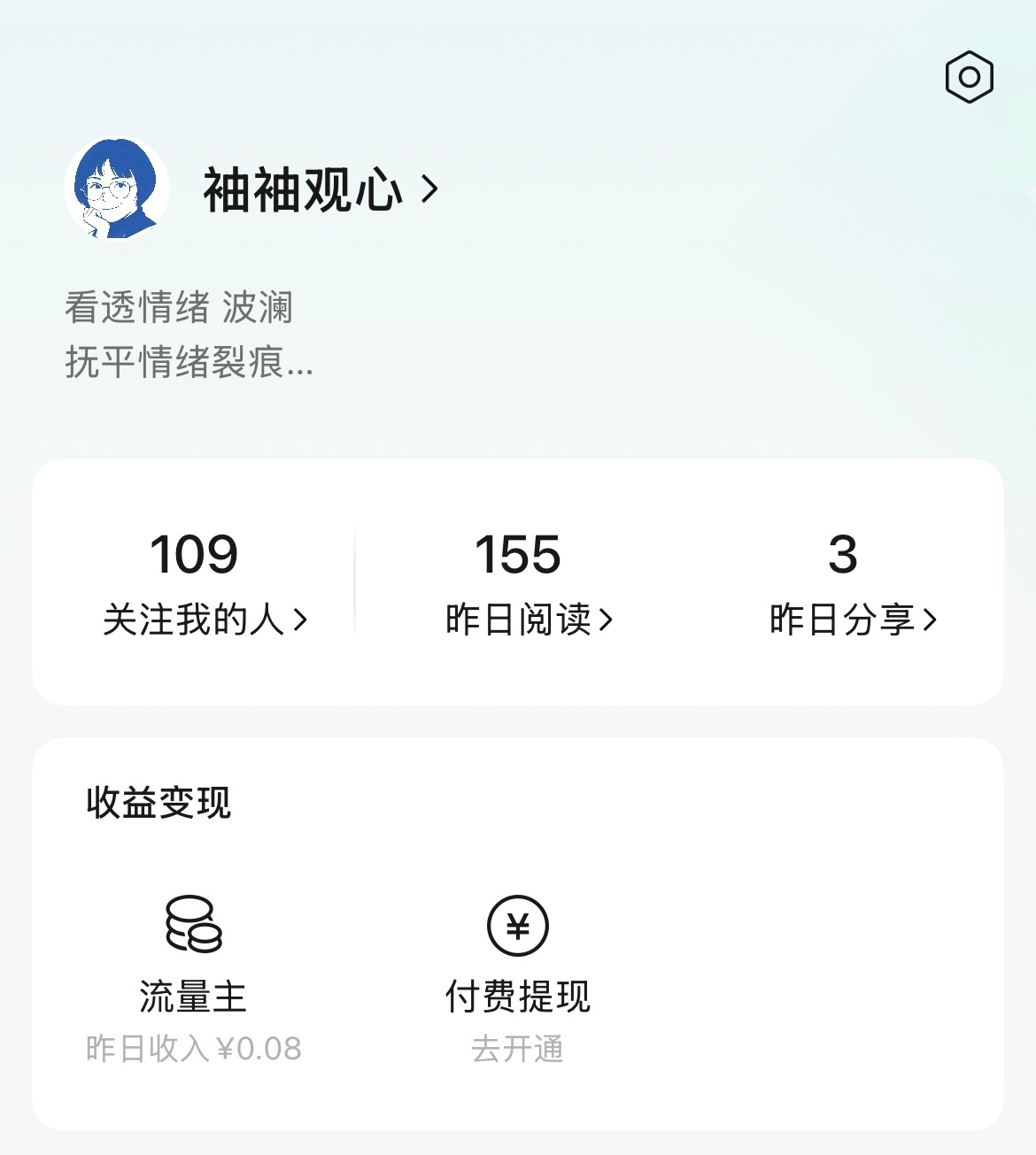写文章四五年了但开自己的公主号才两周没去专门互动吆喝昨晚开通了流量主新开张：8分