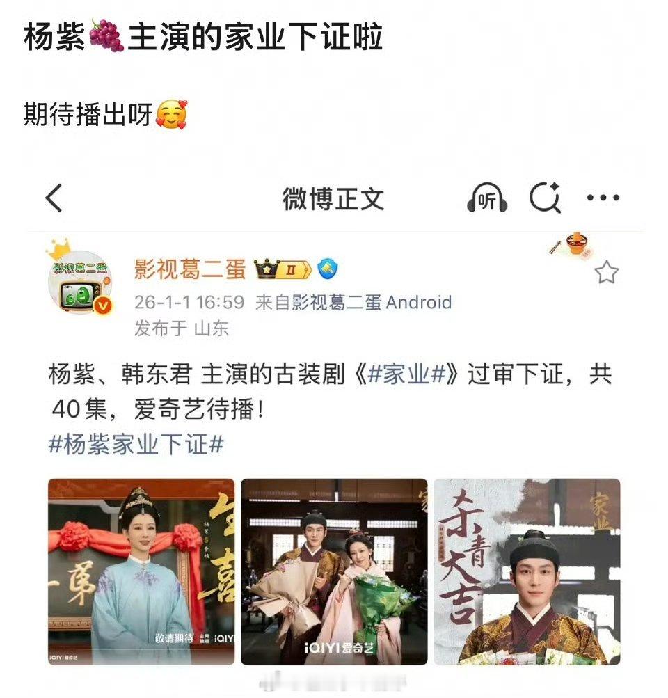 杨紫主演的家业下证了，有想看的吗？ 