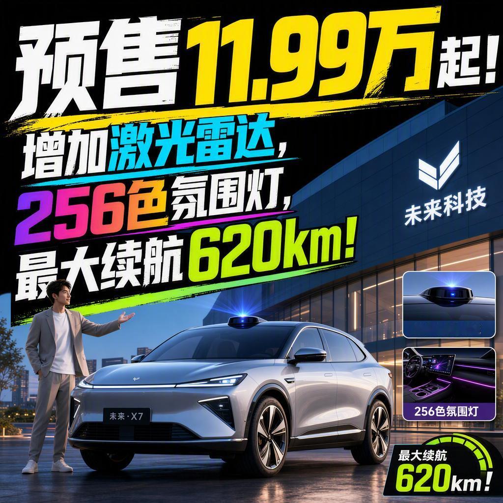 11.99万，你没看错。
激光雷达、256色氛围灯、620km续航，这几个词放在