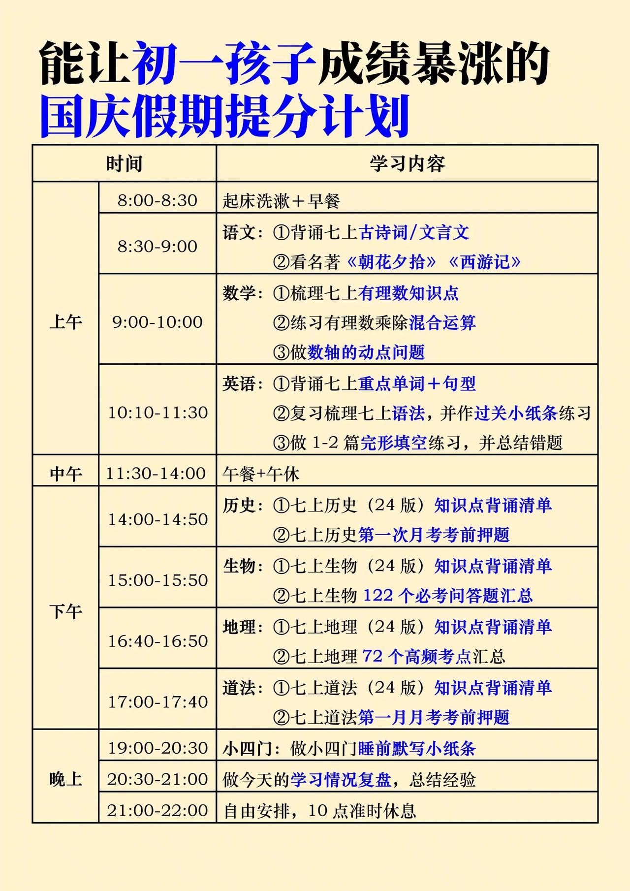 熬夜给初一孩子整理的国庆假期提分计划，新初一如何第一次备考？
