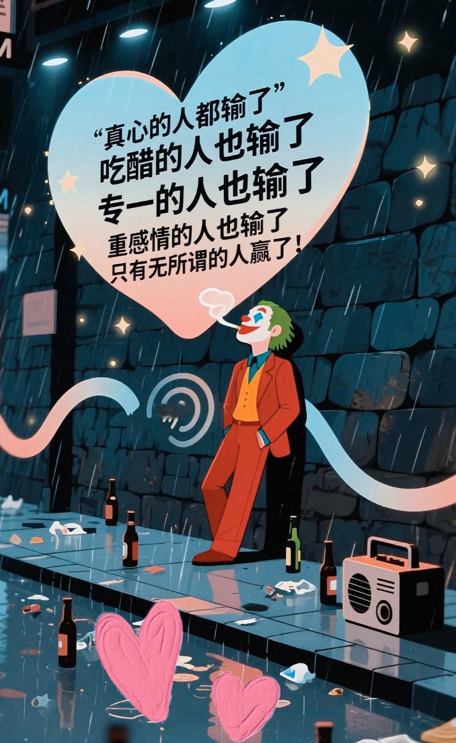 真心的人都输了，
吃醋的人也输了，
专一的人也输了，
重感情的人也输了，
只有无