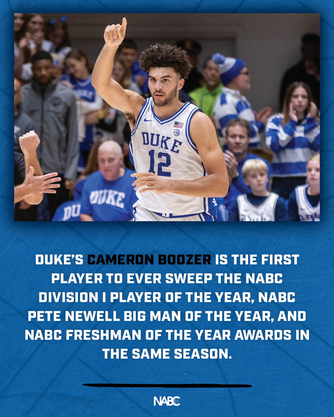 杜克男篮  恭喜Cam同时获得NABC 第一级别年度最佳新生，年度最佳球员和皮特