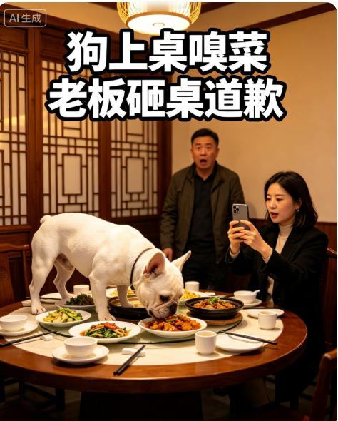 江苏一餐馆，女子放任法斗爬上餐桌嗅菜品，老板当众砸桌道歉，狗主找上门争执，两人只