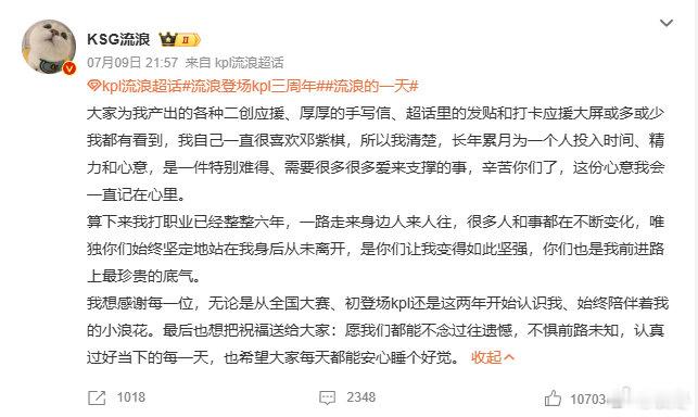 流浪登场三周年真诚发文流浪迎来KPL登场三周年走心长文，细数三年赛场低谷与夺冠高